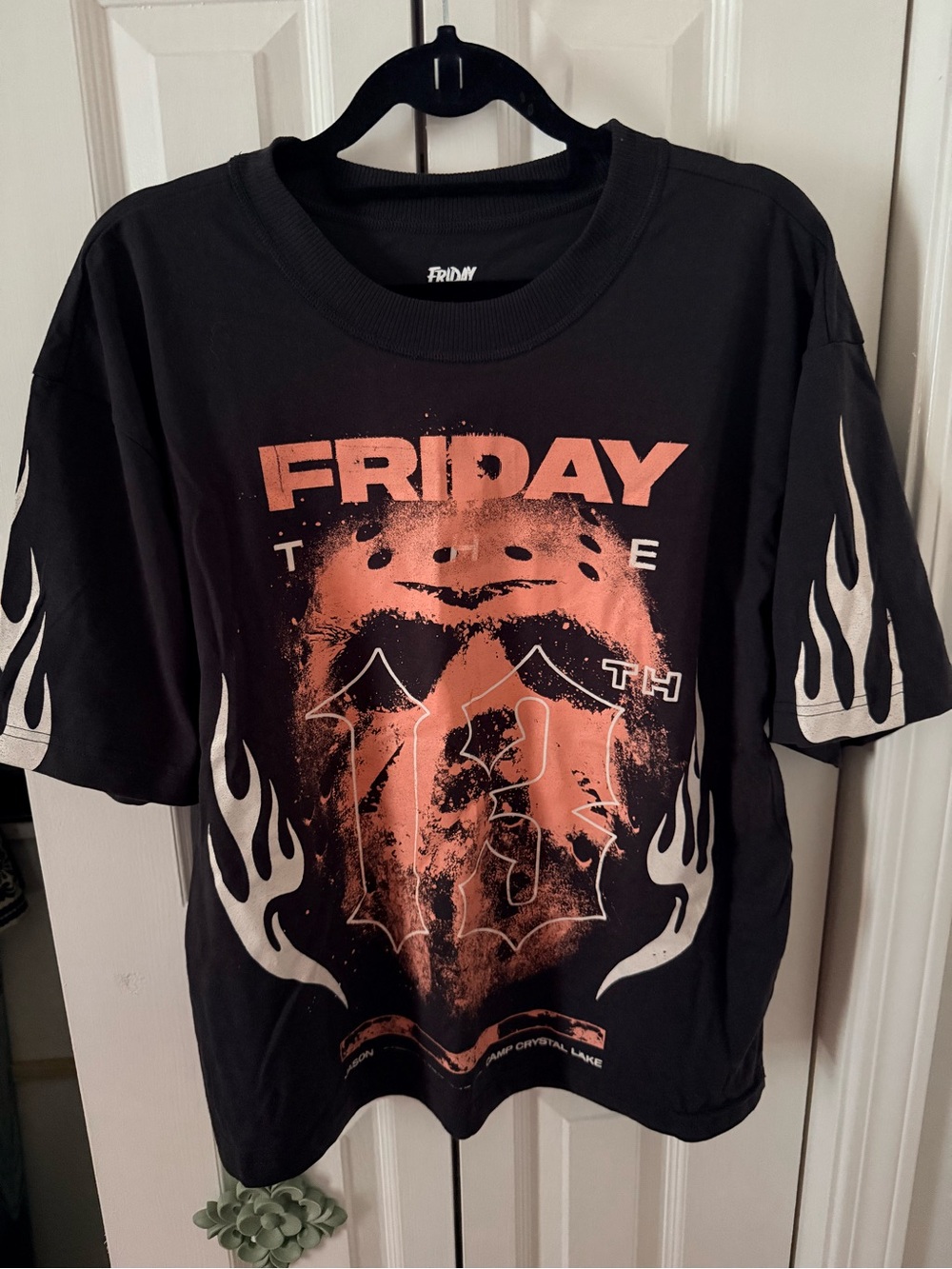 Friday the 13th Jason Flame Graphic Black Oversized Horror Tee Halloween 🎃